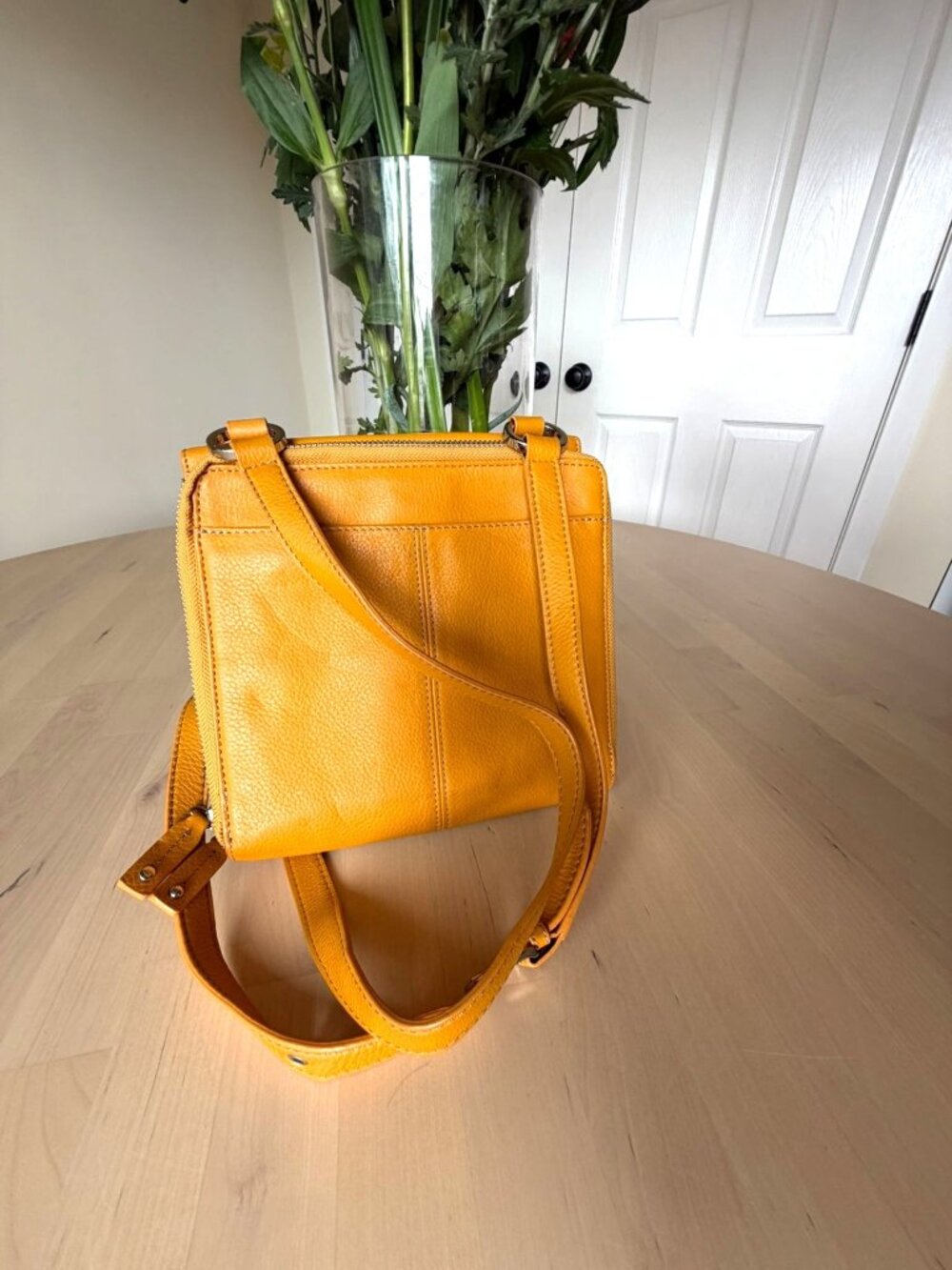 Tignanello Yellow Leather Crossbody Bag Adjustable Strap Organizer Purse